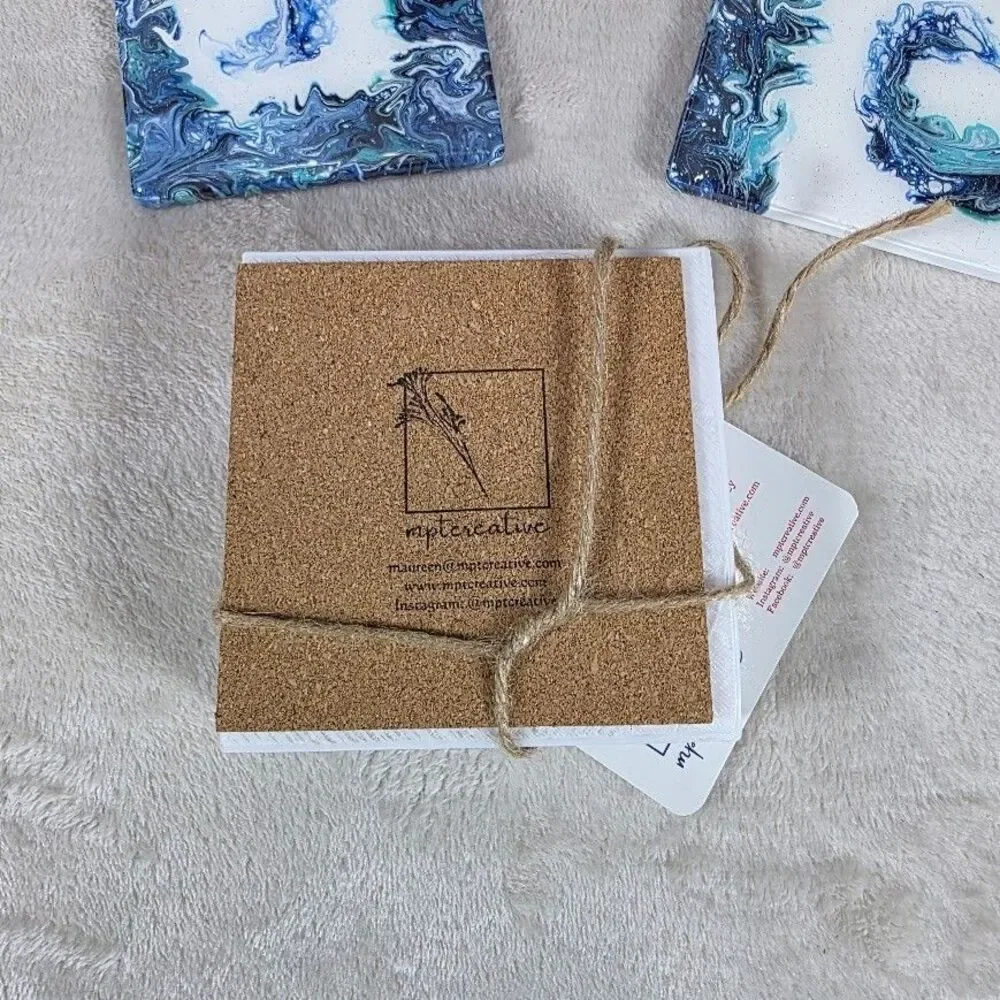 Original Pour Paint Set 4 Ceramic Coasters Hand Poured Wave Painting Blue White - Picture 6 of 7